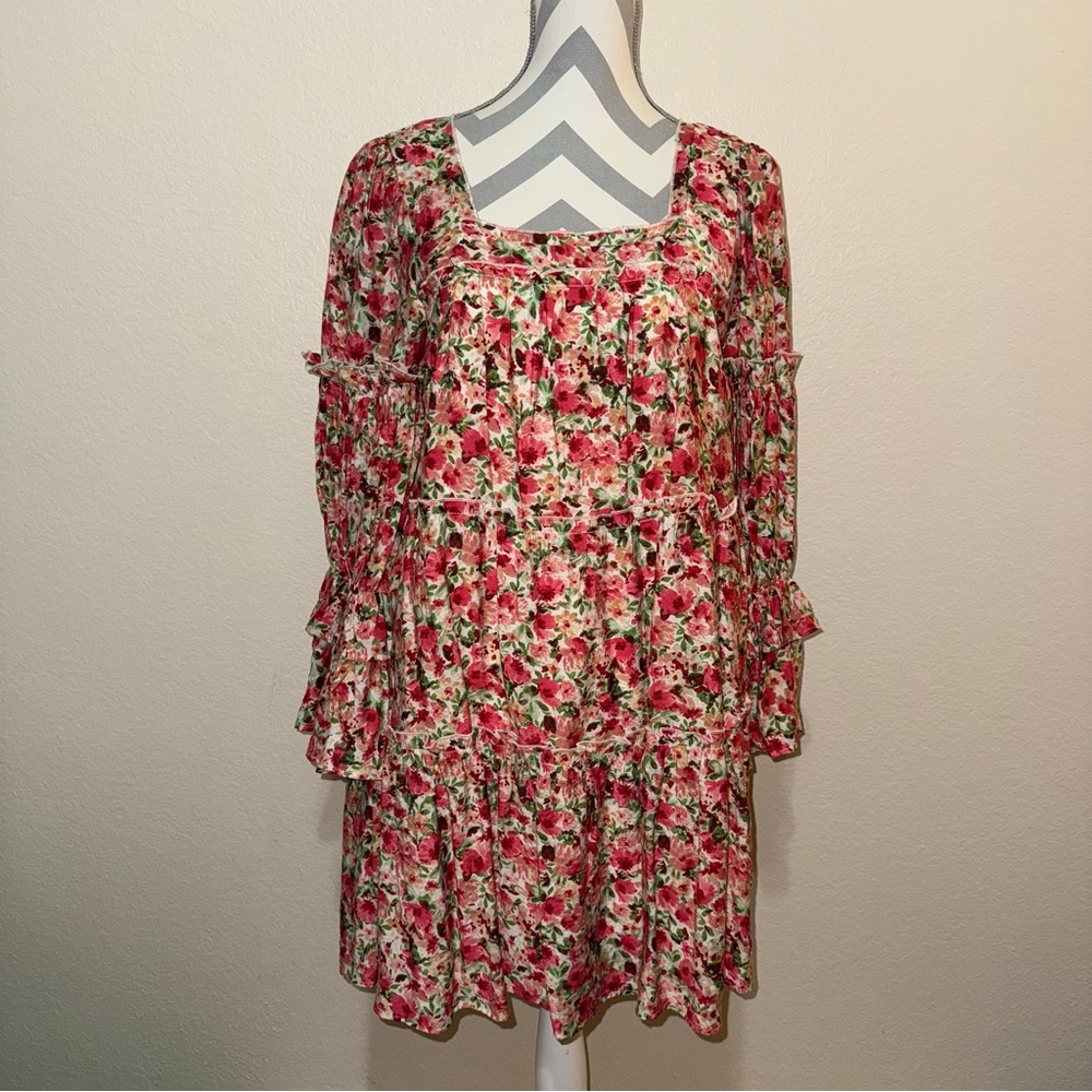 NWT Moon River Multicolor Floral Print Square Neck Long Sleeve Mini Dress Medium